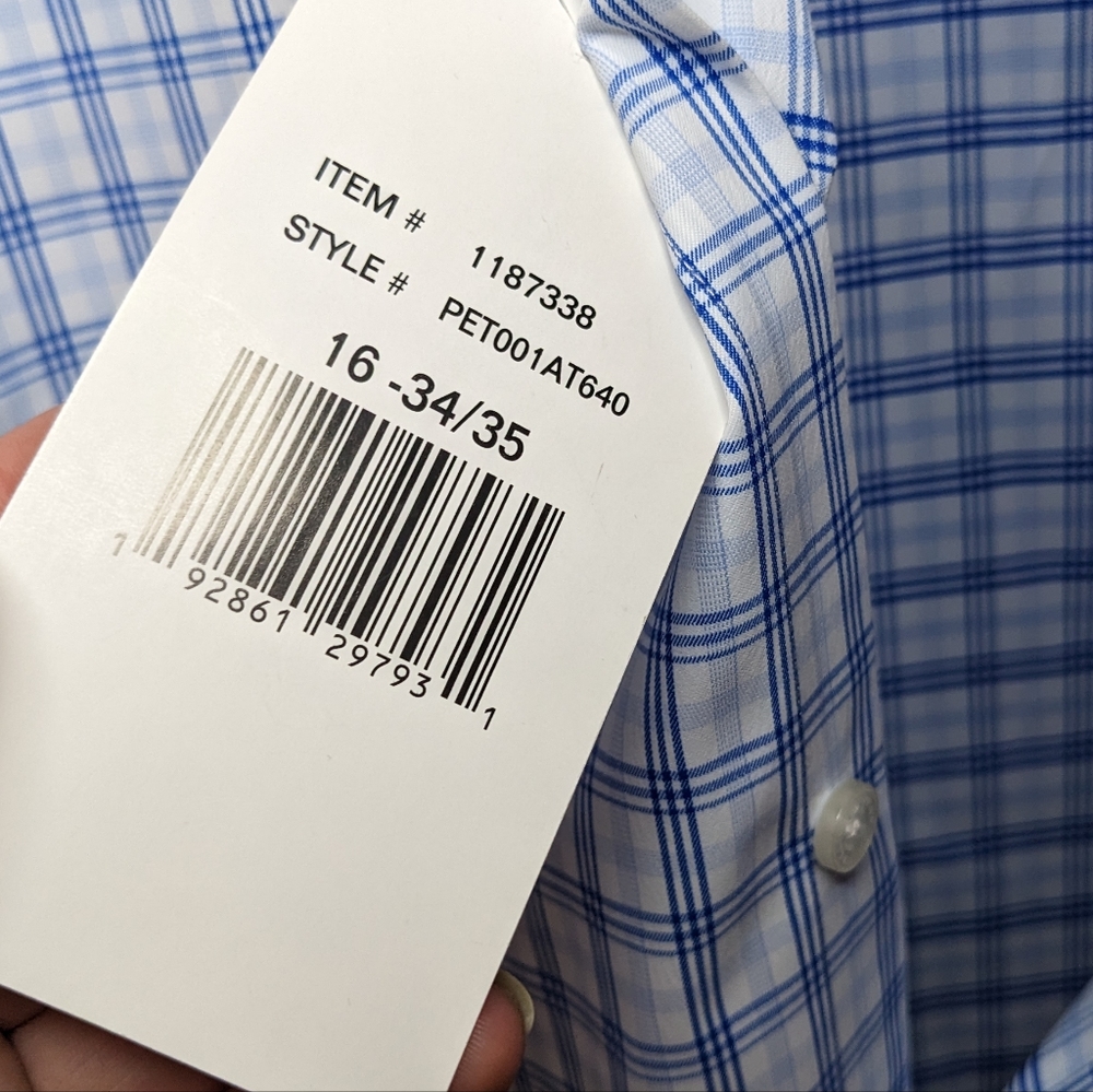 NWT Perry Ellis Portfolio Travel Luxe Blue Check Tech Shirt Neck 16 34/35 💙✨ - Picture 12 of 12